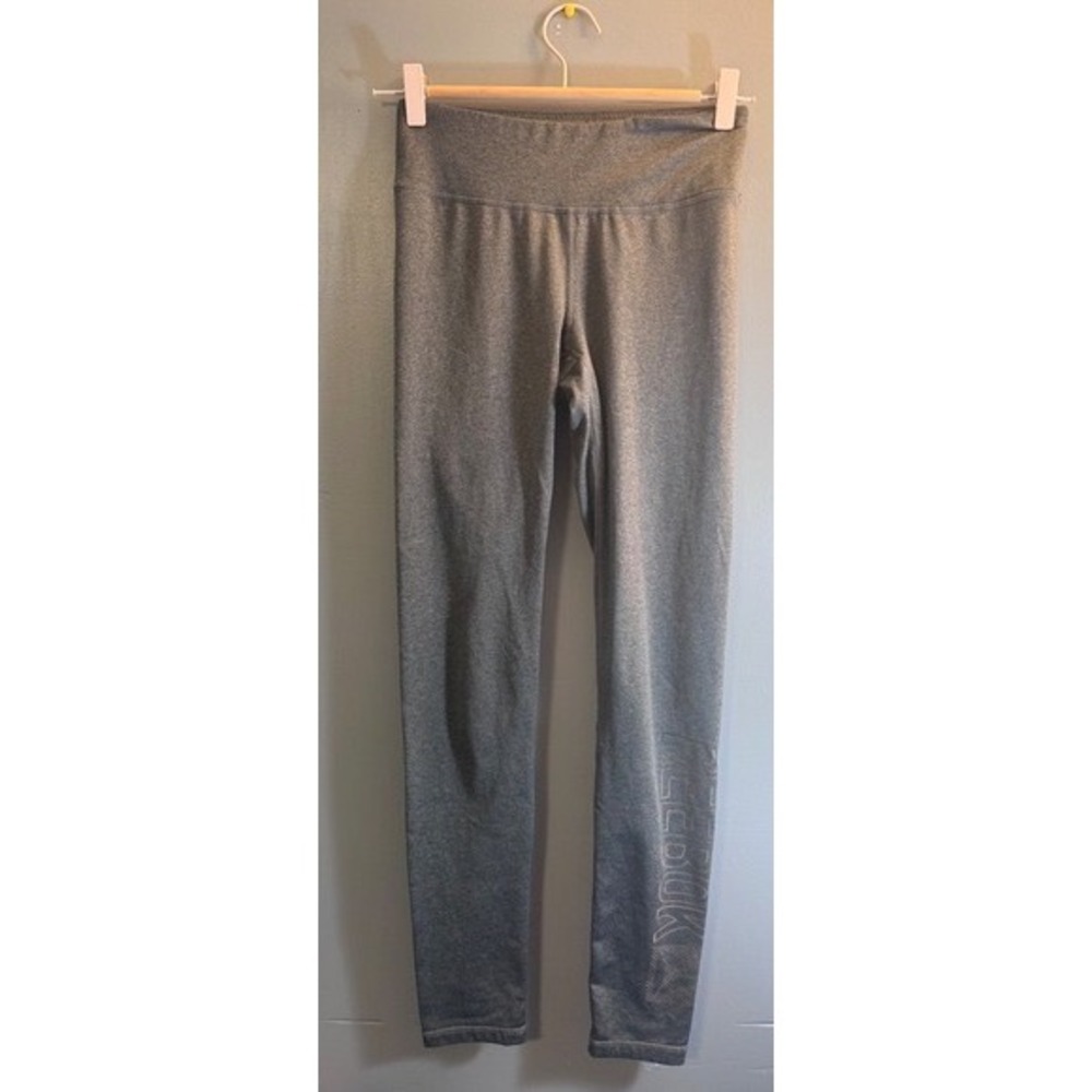 Reebok Womens Heather Gray High Waisted Logo Leggings Hidden Pocket XS 28 Inseam